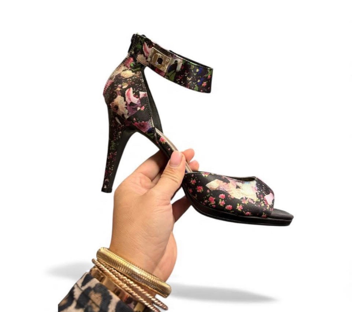 IMPO TANYA STILETTO HEEL BLACK FLORAL OPEN TOE ZIP CLOSURE 15 SZ 8