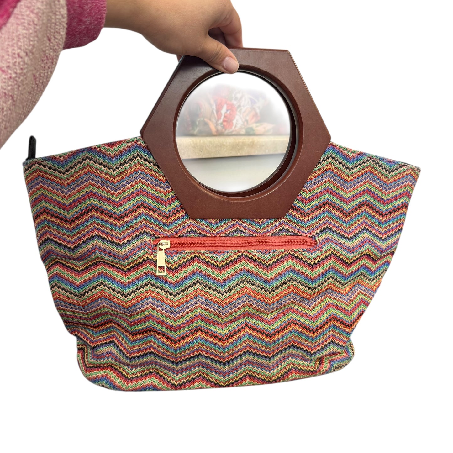 COLORFUL CHEVRON WOVEN HANDBAG HEXAGON WOODEN HANDLE 258 OS