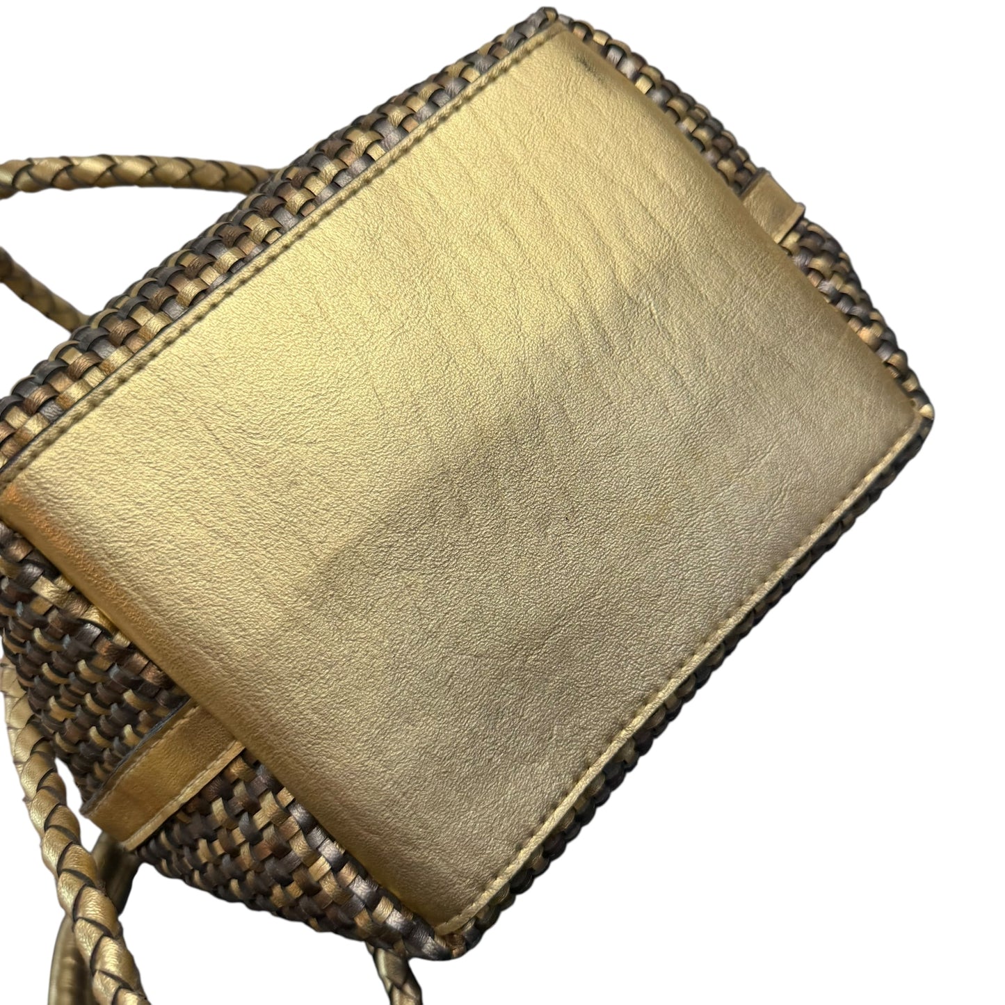 VINTAGE METALLIC GOLD BRONZE WOVEN FAUX LEATHER HANDBAG 100