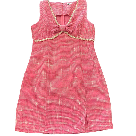 VOY PINK TWEED SHEATH MINI DRESS PEARLS BOW 100 SMALL