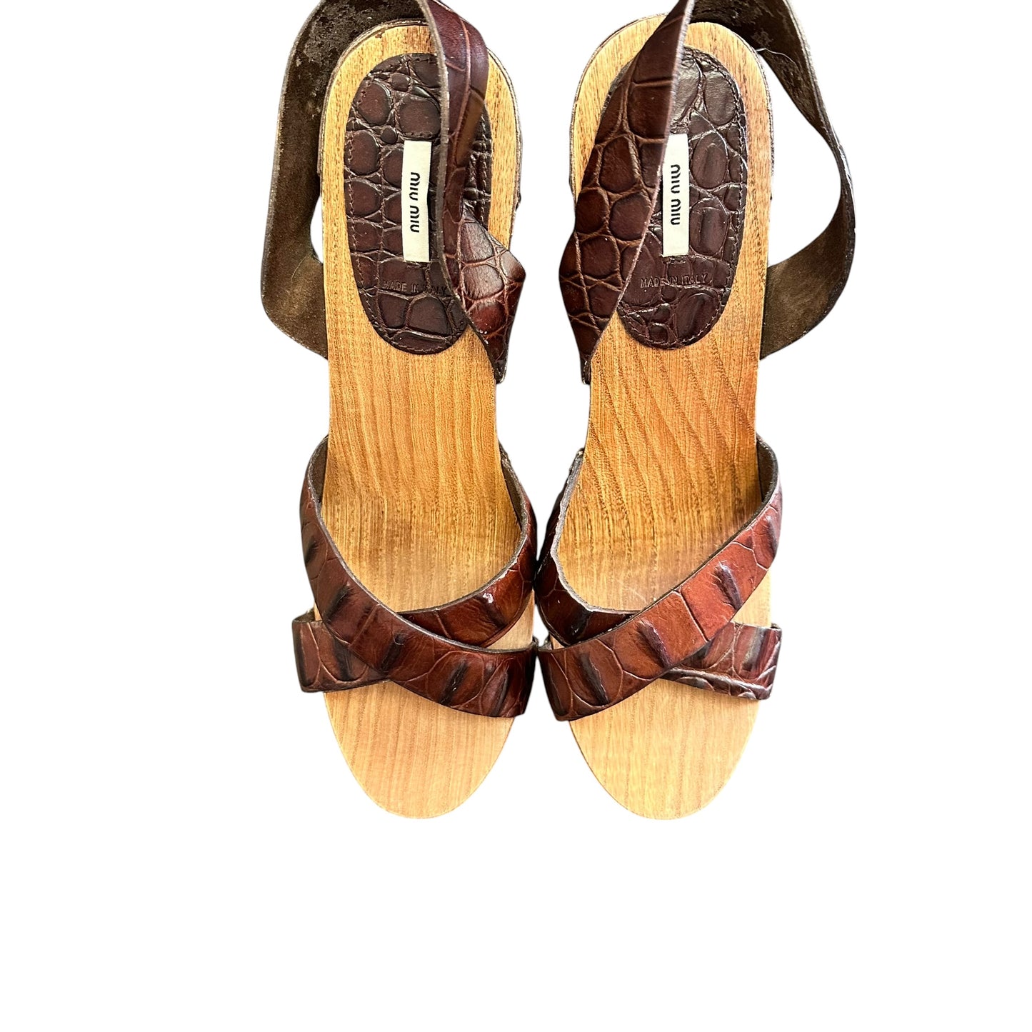 MIU MIU BROWN CROC EMBOSSED LEATHER PLATFORM SANDALS 163 SZ 10