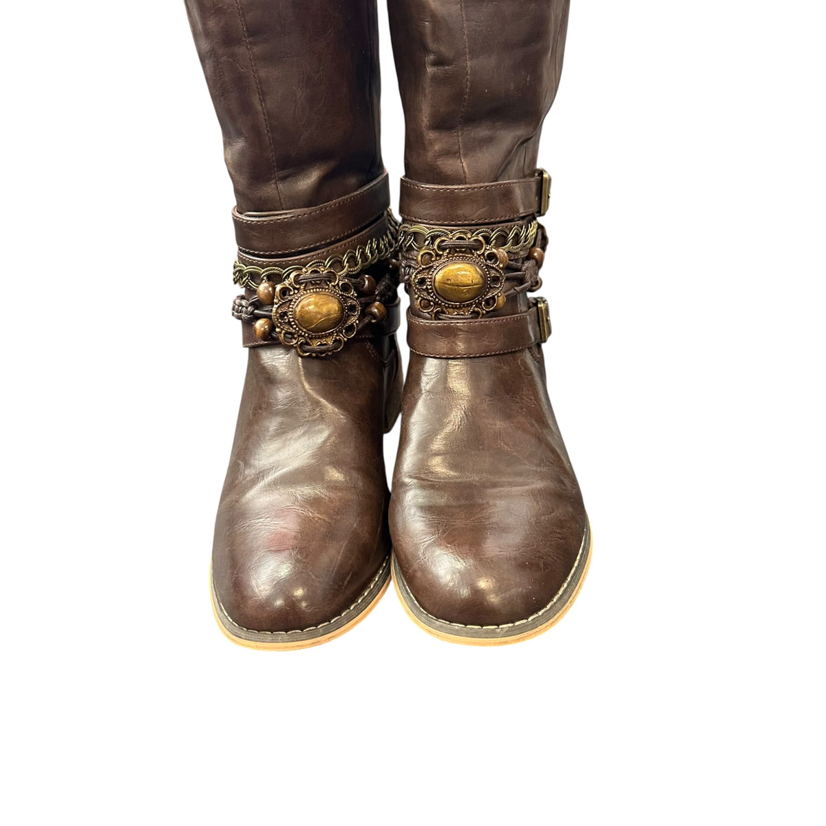 BROWN VEGAN LEATHER RIDING BOOTS EMBELLISHED 100 SZ 7