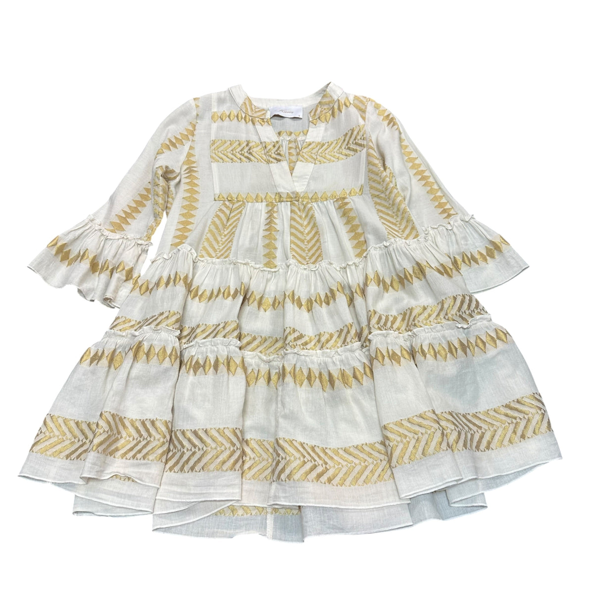 KASIA EROS MINI DRESS WHIT GOLD EMBROIDERED TIERED SKIRT 38 SMALL