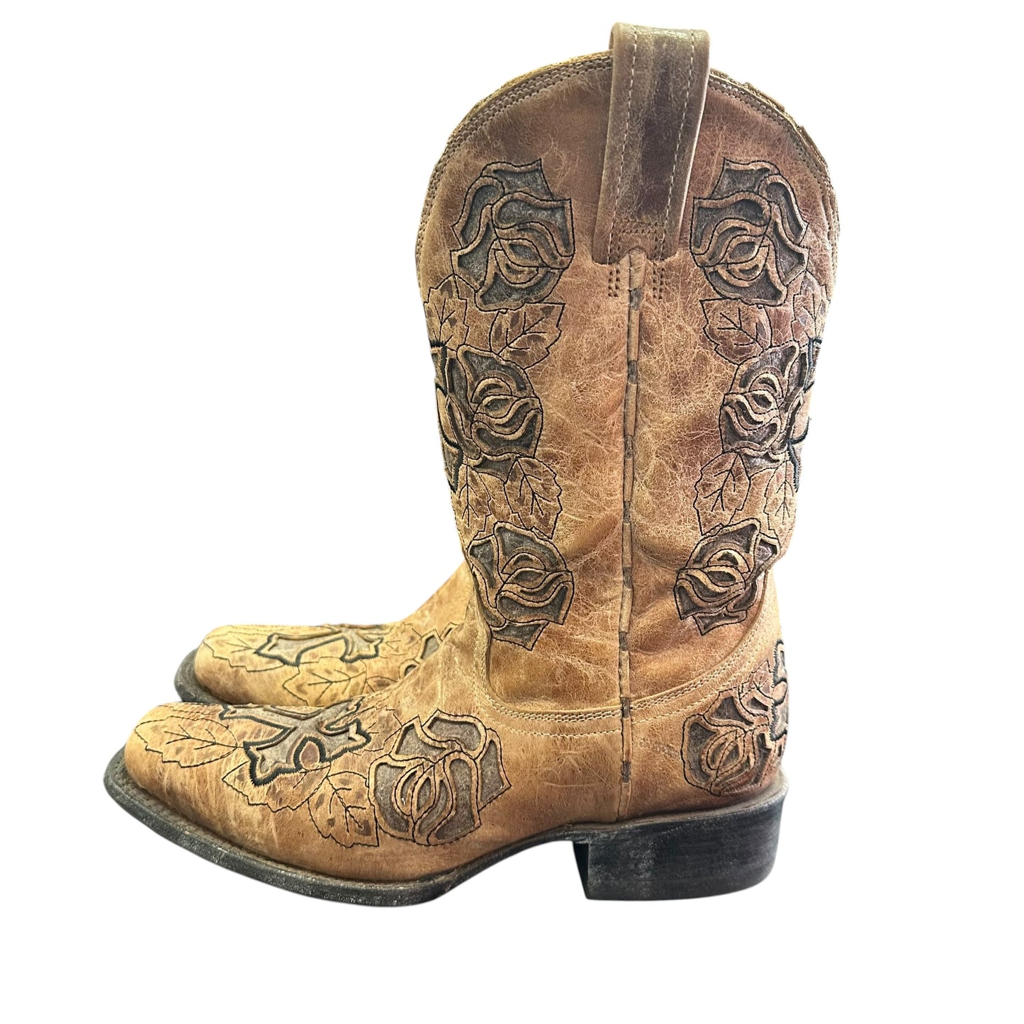 CORRAL BOOTS WESTERN COWBOY SADDLE BROWN ROSE CROSS SQ TOE 100 SZ 8