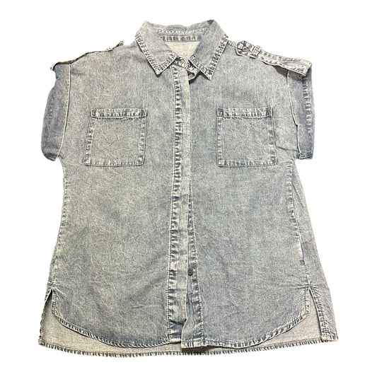 BLUE DENIM BUTTON UP SHORT SLEEVE BLOUSE 100 MEDIUM