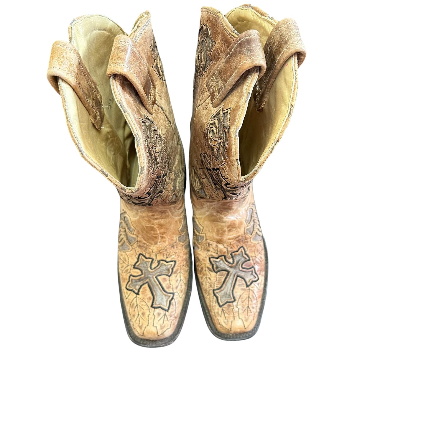 CORRAL BOOTS WESTERN COWBOY SADDLE BROWN ROSE CROSS SQ TOE 100 SZ 8