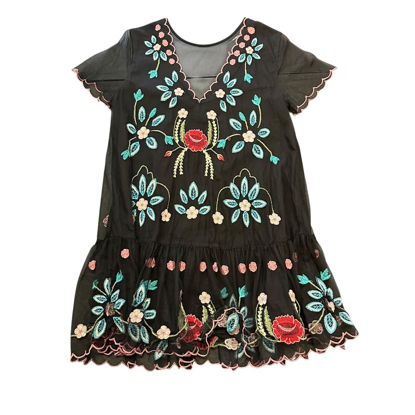 BLACK MESH DRESS EMBROIDERED DROP HEM 15 LARGE