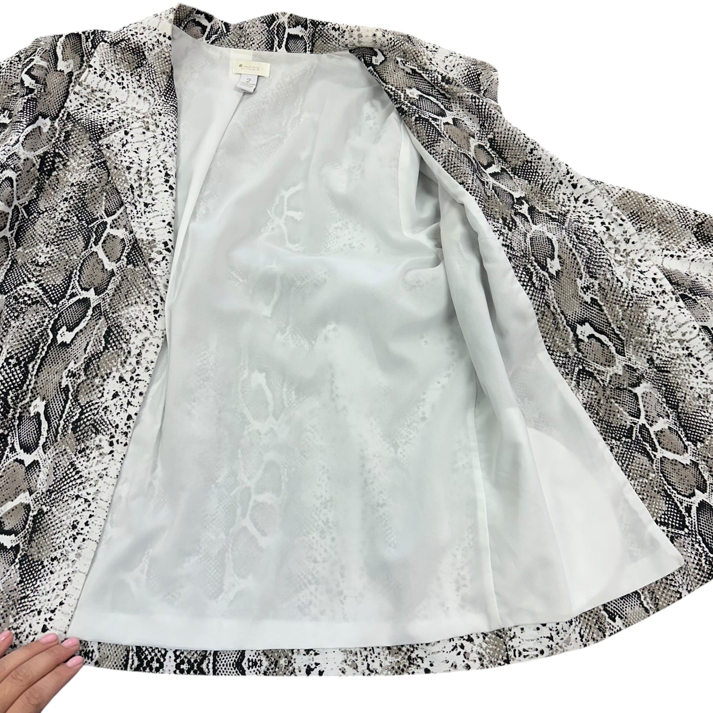 CHICO'S OPEN FRONT JACKET BLAZER GRAY WHITE SNAKE PRINT 3/4 SLEEVE 100 LARGE