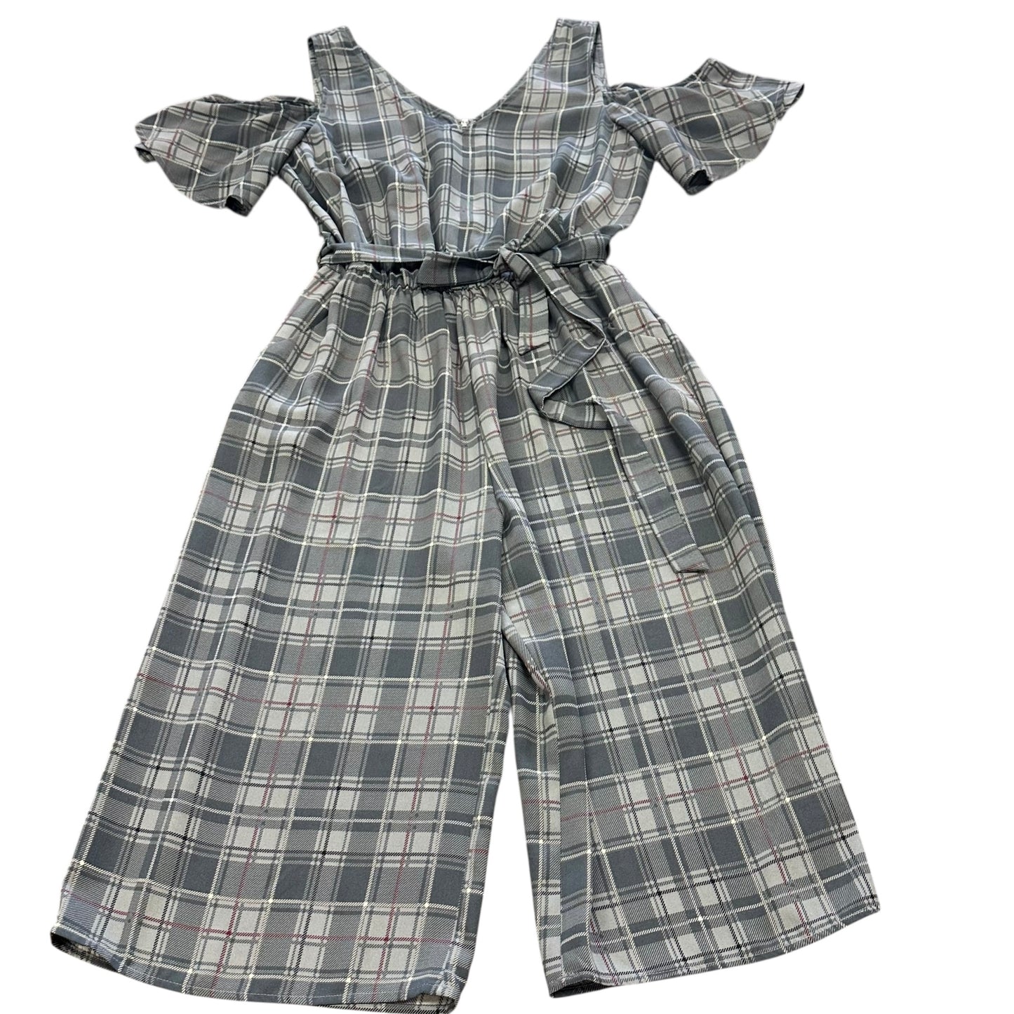 CHARMING CHARLIE GRAY PLAID CROPPED WIDE LEG JUMPSUIT 234 LARGE