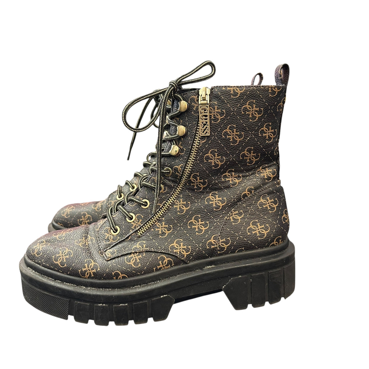 GUESS FERINA COMBAT BOOTS LOGO MONOGRAM BROWN CHUNKY LUG SOLE 293 SZ 11