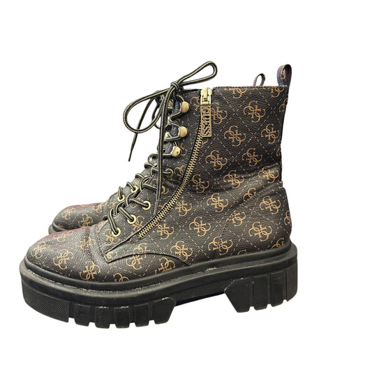 GUESS FERINA COMBAT BOOTS LOGO MONOGRAM BROWN CHUNKY LUG SOLE 293 SZ 11