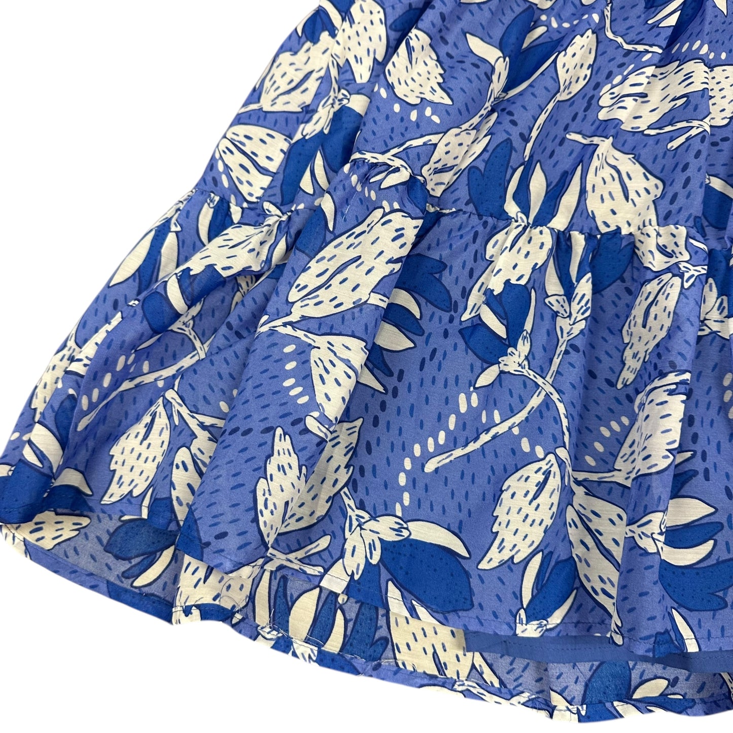 J.MARIE TIERED MII DRESS BLUE WHITE FLORAL PRINT BELTED KAIA 26 NWT $128 LARGE