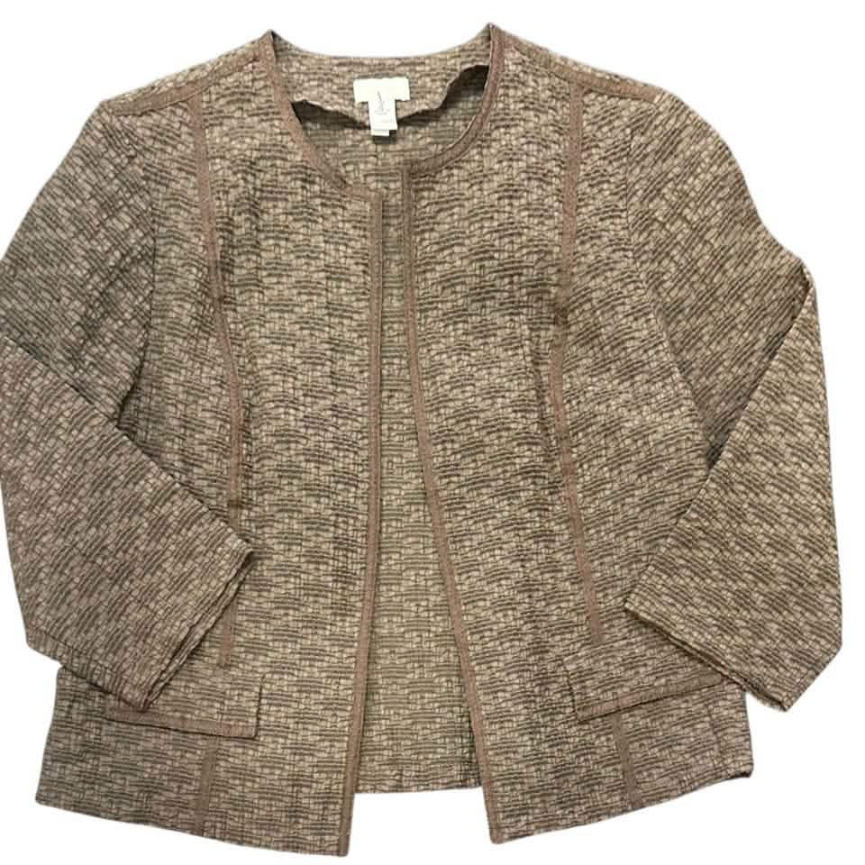 CHICO’S BROWN LIGHTWEIGHT TEXTURED OPEN FRONT JACKET THREE-QUARTER SLEEVES 100 LARGE