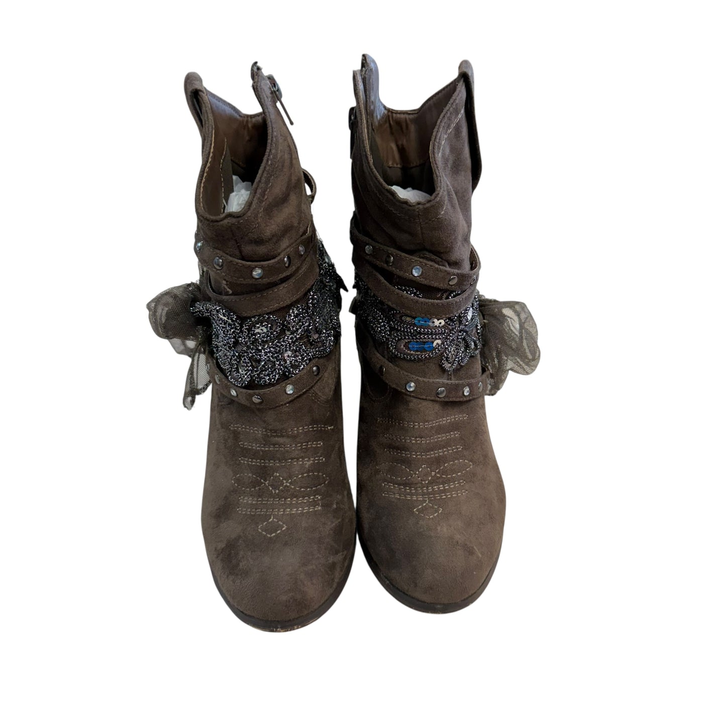 NOT RATED FAUX SUEDE BROWN SLOUCHY BOOTIES EMBELLISHED 219 SZ 9.5