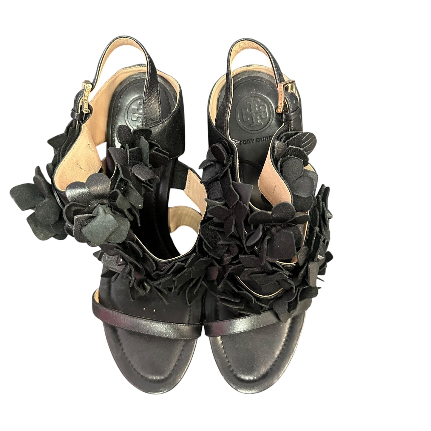 TORY BURCH BLACK LEATHER FLORAL HEELS SZ 7.5