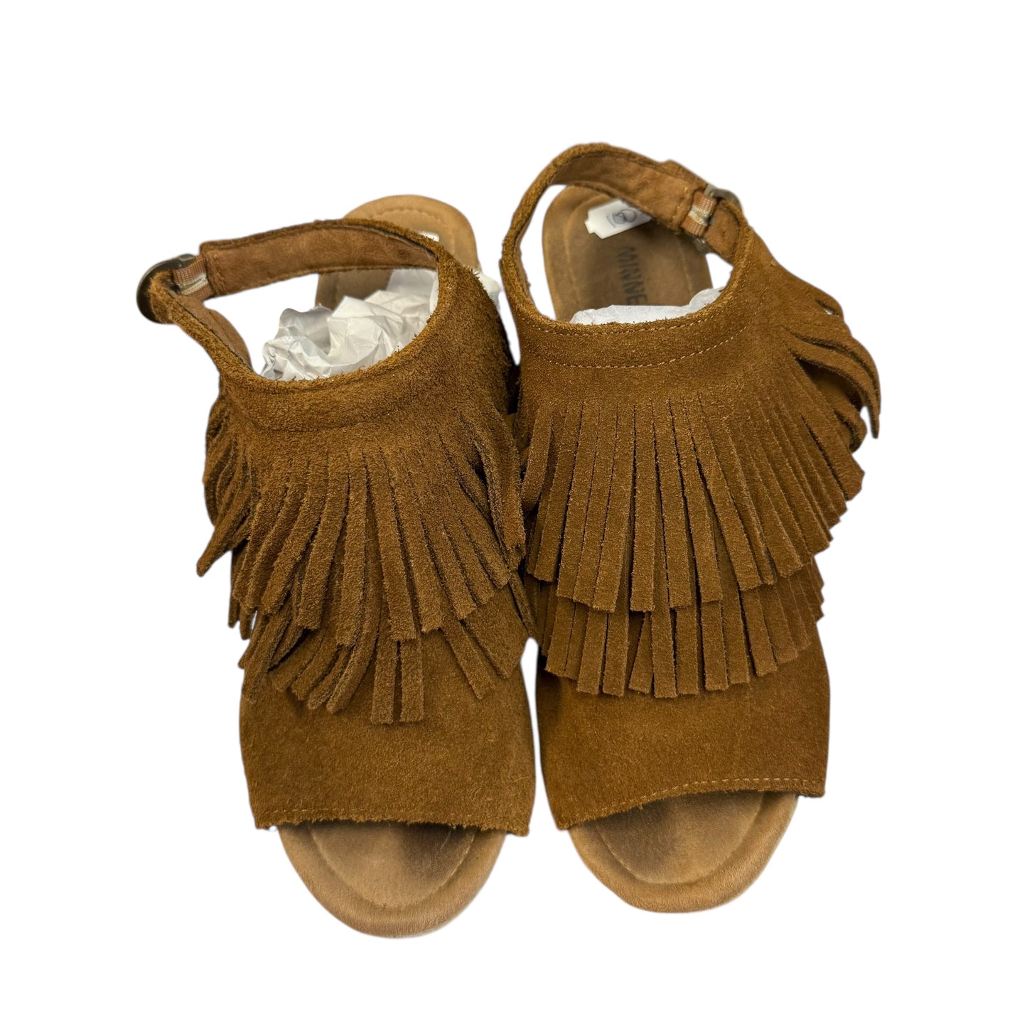 MINNETONKA ASHLEY LAYERED FRINGE ESPADRILLE WEDGE SANDALS BROWN SUEDE 100 SZ 9