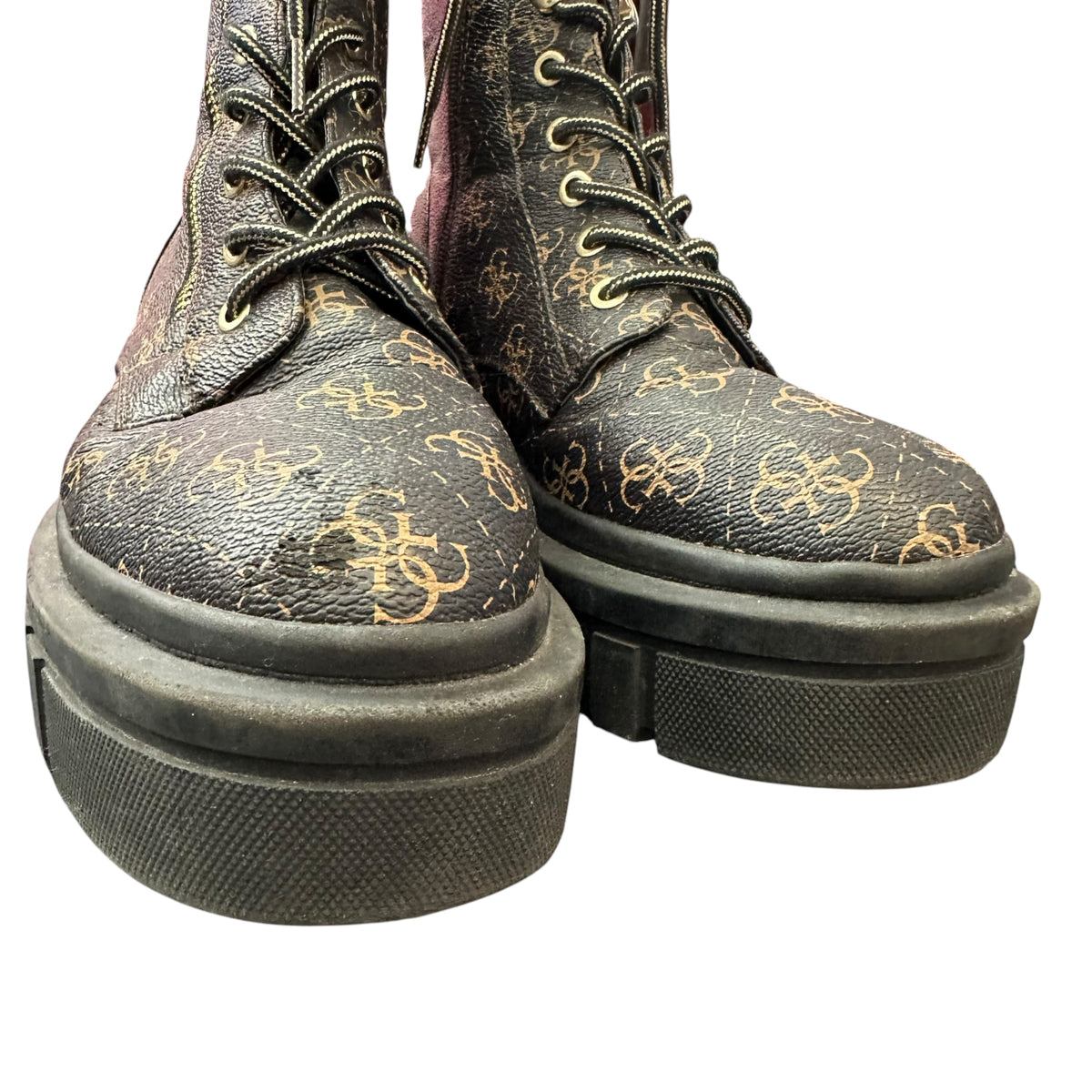 GUESS FERINA COMBAT BOOTS LOGO MONOGRAM BROWN CHUNKY LUG SOLE 293 SZ 11