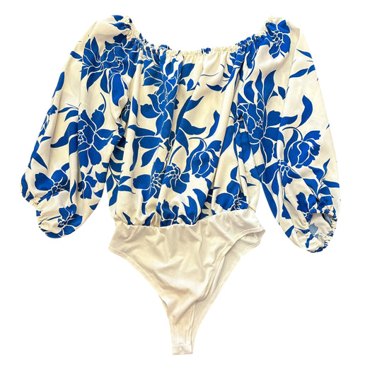 ENTRO BLUE WHITE FLORAL BODYSUIT 8 LARGE