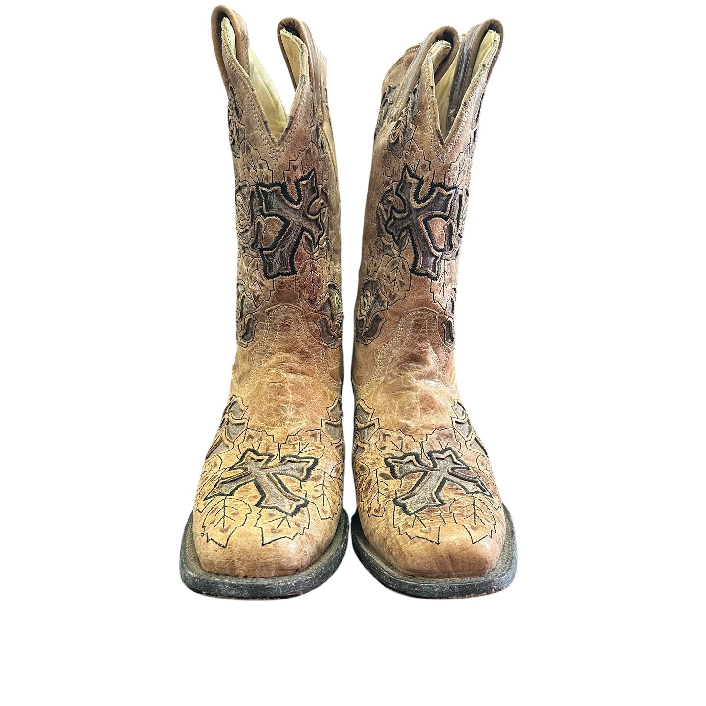 CORRAL BOOTS WESTERN COWBOY SADDLE BROWN ROSE CROSS SQ TOE 100 SZ 8