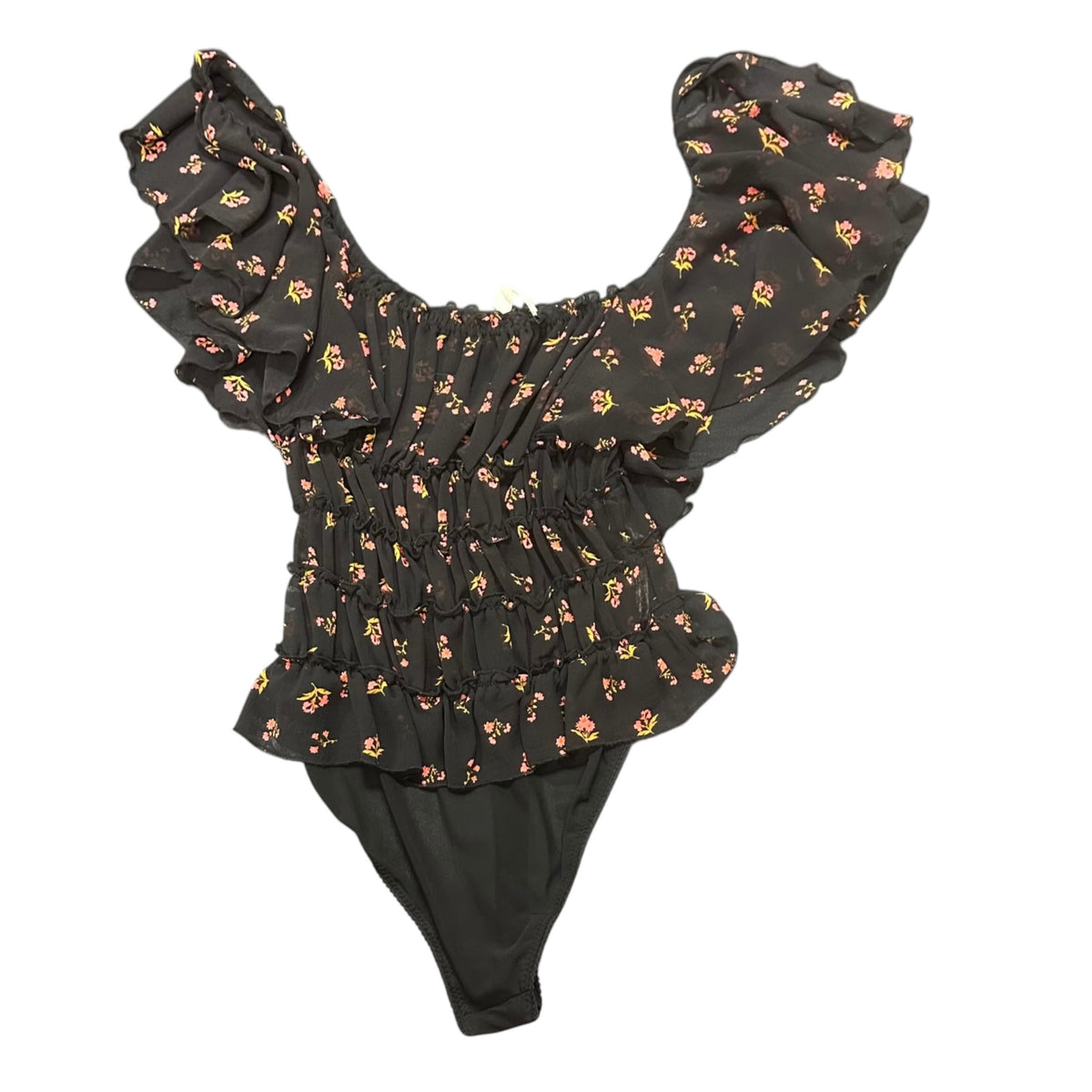 FREE PEOPLE INTIMATELY BLACK FLORAL SEMI SHEER BODYSUIT 100 SMALL