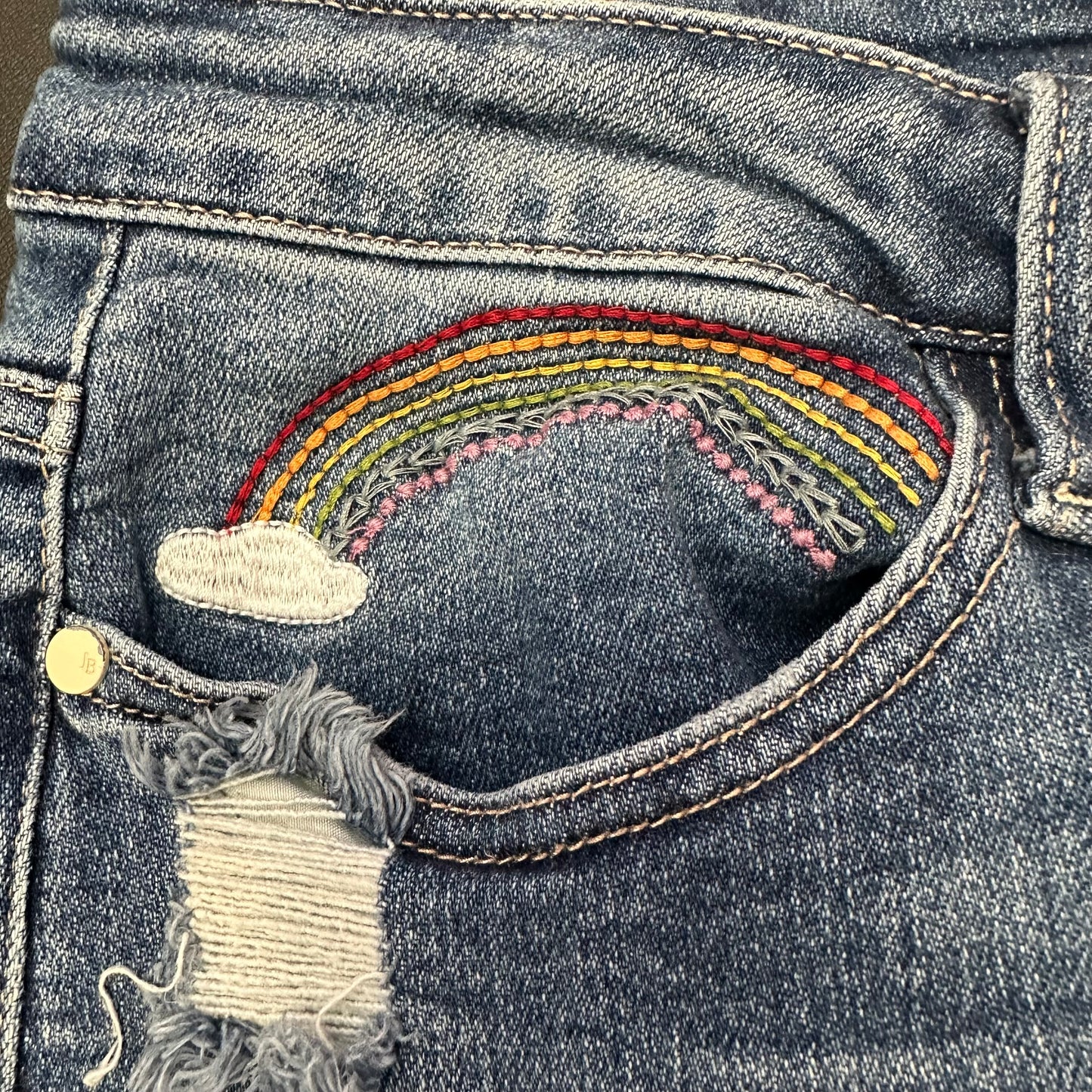 JUDY BLUE STRAIGHT JEANS RAINBOW EMBROIDERED SZ 14