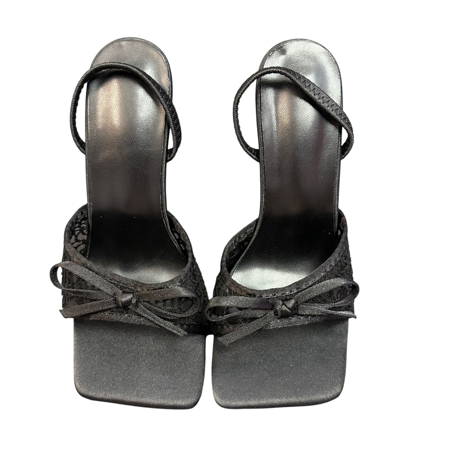 BLACK SQUARE TOE KITTEN HEEL LACE BOW NWOT 164 SZ 7.5