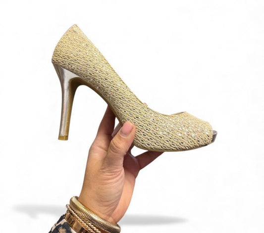 AUDREY BROOKE METALLIC GLITTER PEEP TOE PUMP STILETTO HEEL 114 SZ 9