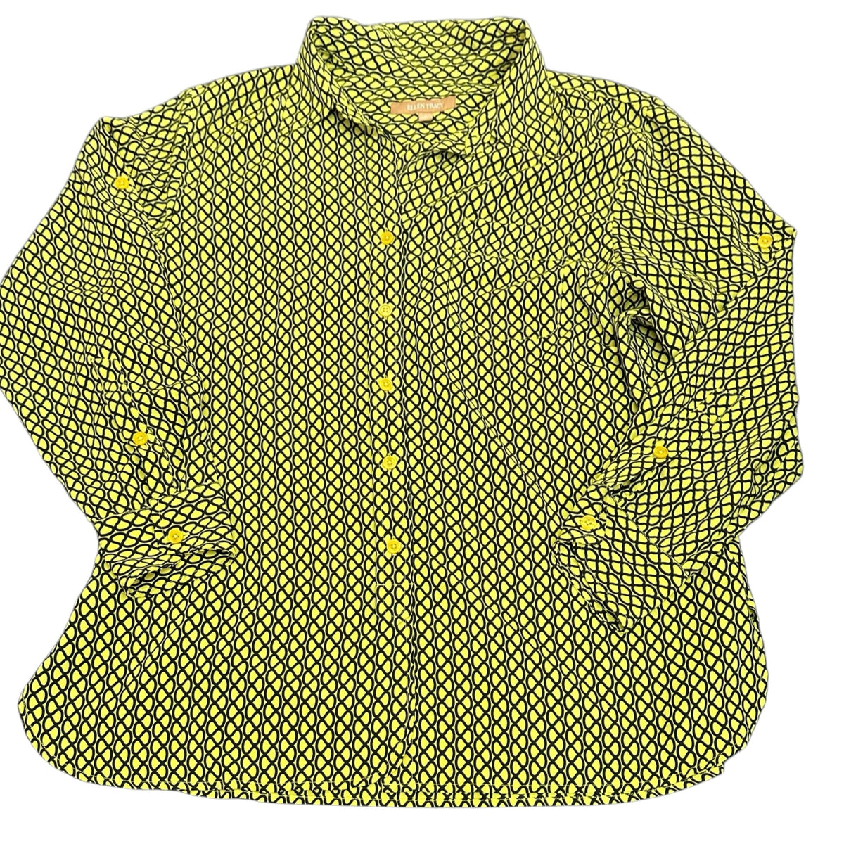ELLEN TRACY YELLOW BLACK GEOMETRIC BUTTON UP BLOUSE 289 LARGE