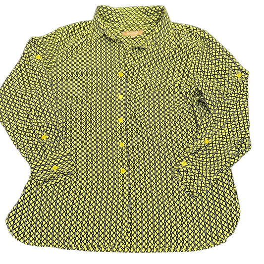 ELLEN TRACY YELLOW BLACK GEOMETRIC BUTTON UP BLOUSE 289 LARGE