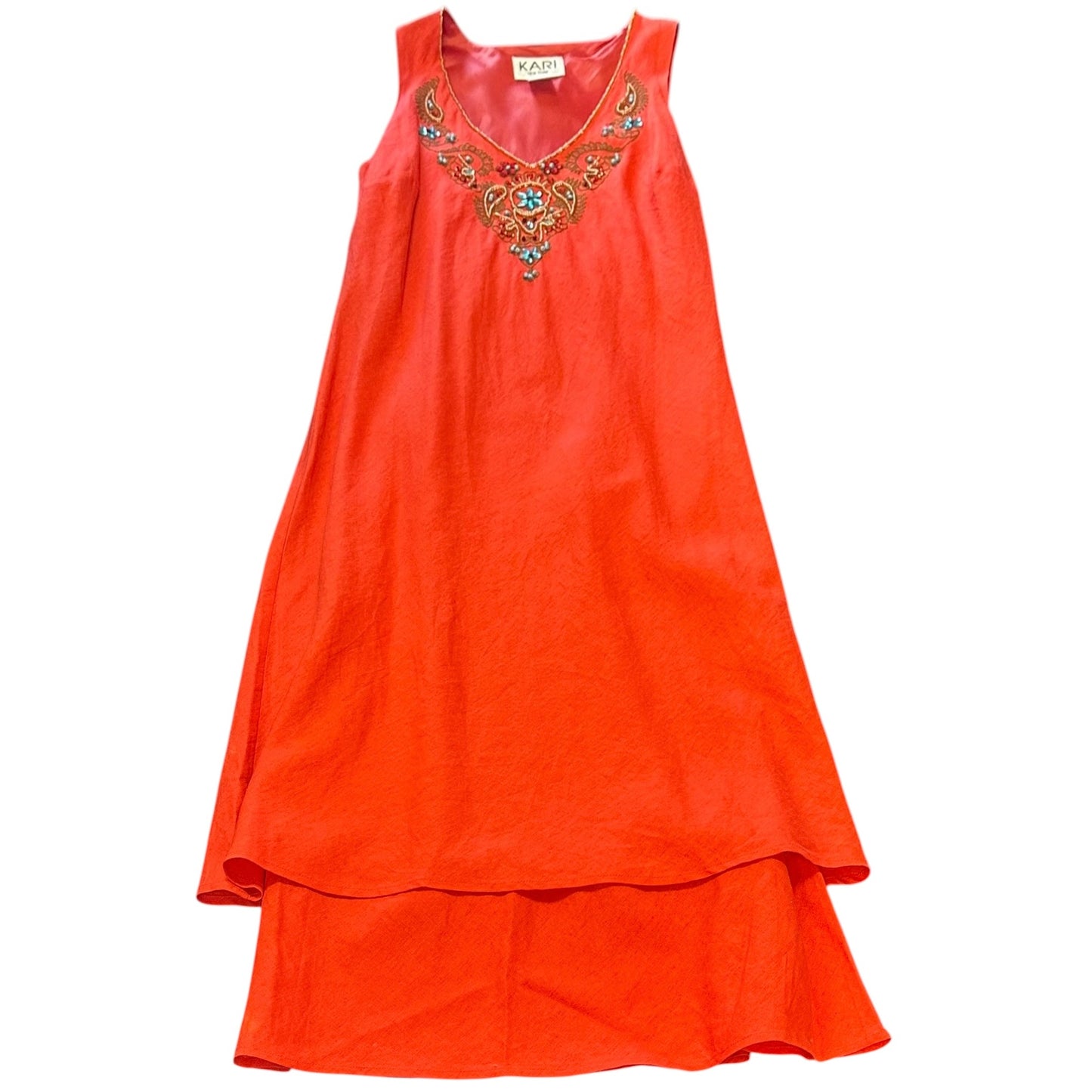 KARI ORANGE LINEN BLEND MIDI DRESS VINTAGE Y2K 100 SZ 10/MED