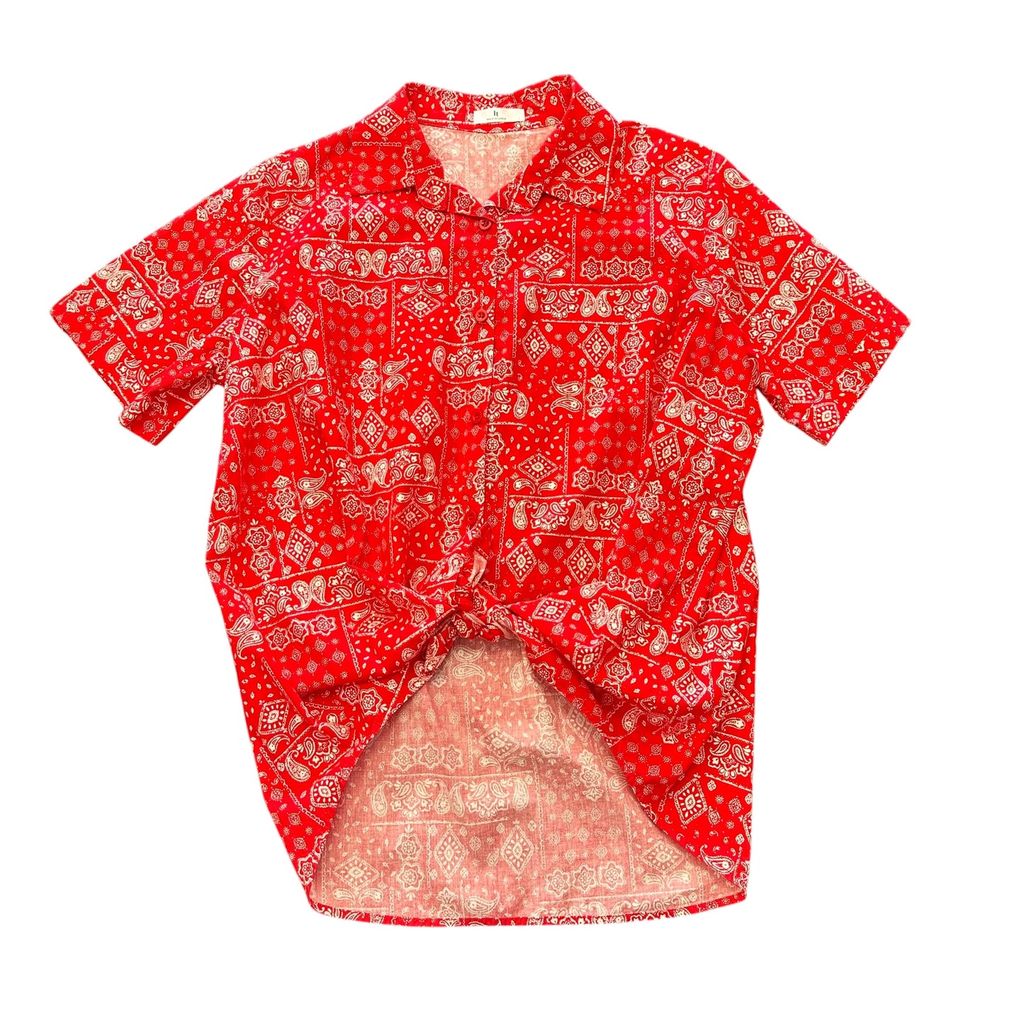 RED WHITE BANDANA BUTTON UP SHORT SLEEVE BLOUSE COTTON 100 LARGE