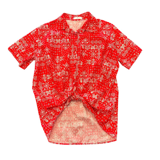 RED WHITE BANDANA BUTTON UP SHORT SLEEVE BLOUSE COTTON 100 LARGE