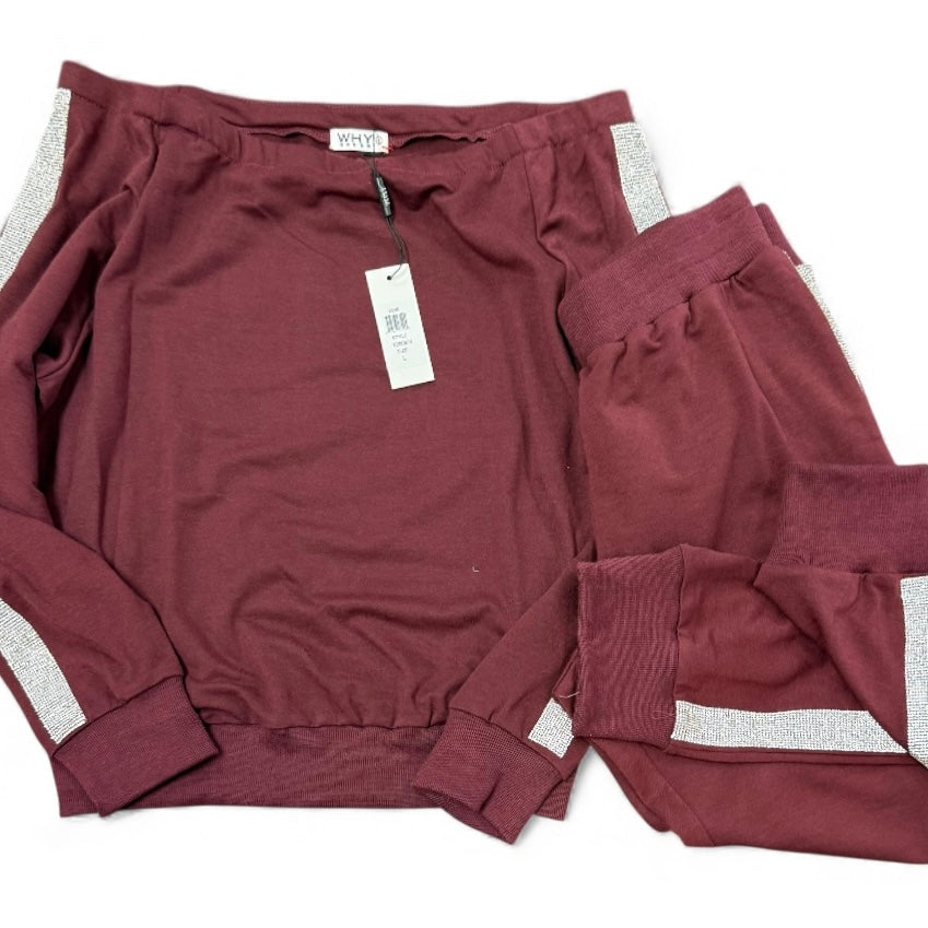 WHY MAROON WINE RED SWEATSUIT 2 PIECE SWEATSHIRT SWEATPANTS LOUNGEWEAR RHINESTONE SMALL