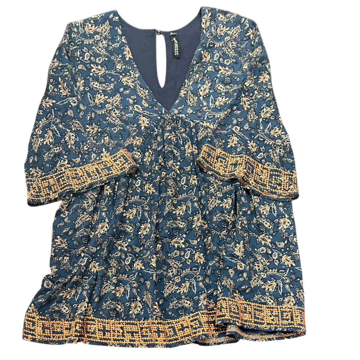 DESIGN LAB BLUE GOLD FLORAL DRESS BOHO EMBROIDERY BABY DOLL 278  LARGE