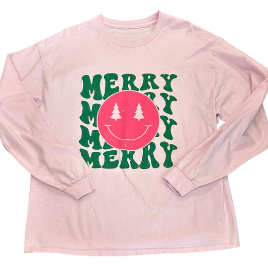 PINK GREEN MERRY HOLIDAY SMILEY TSHIRT 289 LARGE