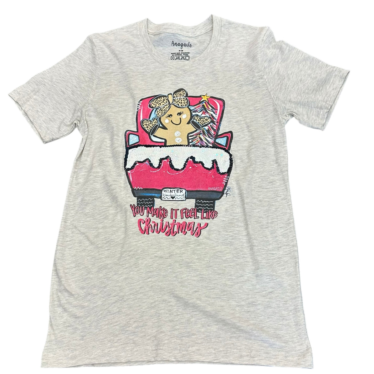 ANAGAIL GRAY PINK GINGERBREAD HOLIDAY TSHIRT NWT 289 SMALL