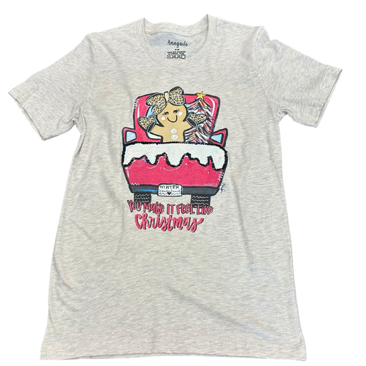ANAGAIL GRAY PINK GINGERBREAD HOLIDAY TSHIRT NWT 289 SMALL