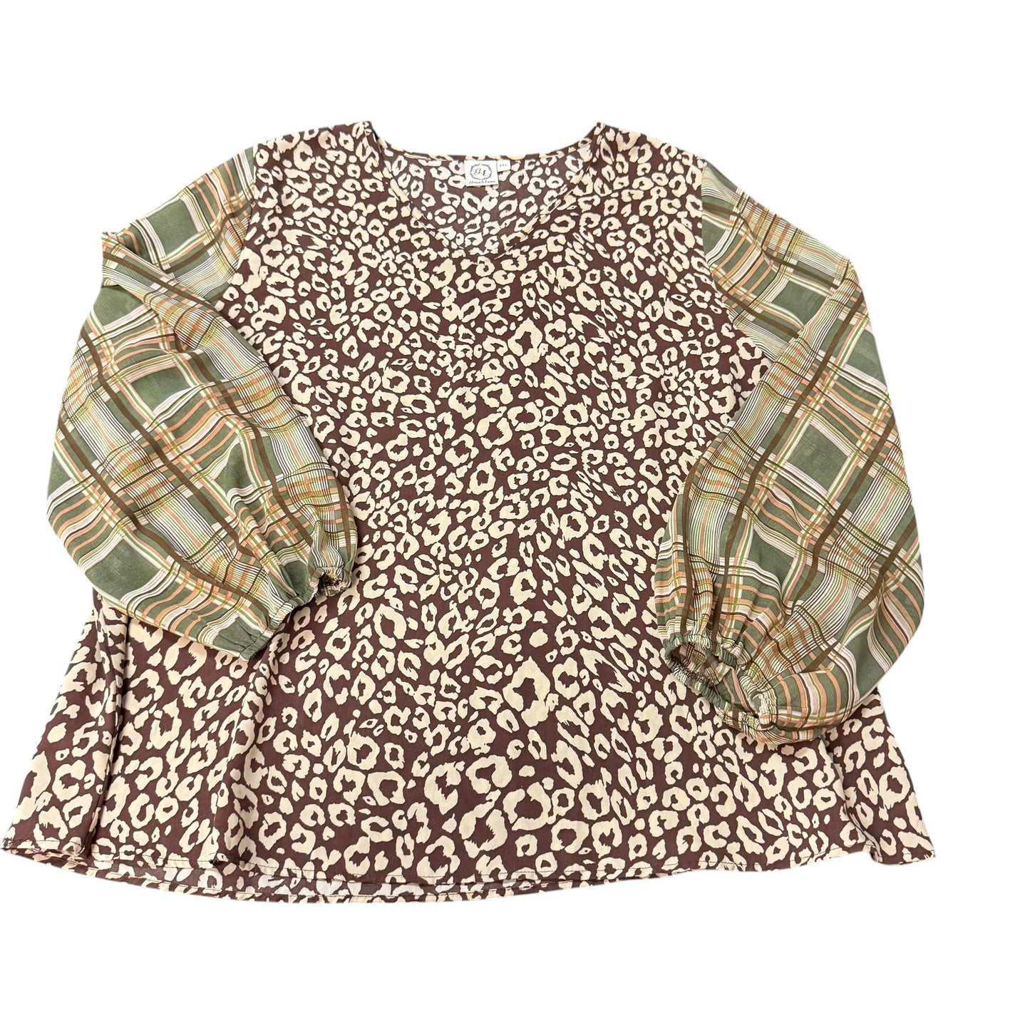 GRACE & EMMA BROWN ANIMAL PRINT BLOUSE PLAID SLEEVES 262 2XL