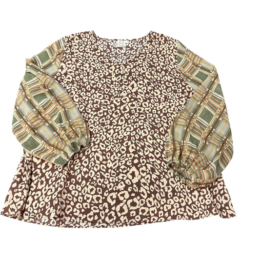GRACE & EMMA BROWN ANIMAL PRINT BLOUSE PLAID SLEEVES 262 2XL