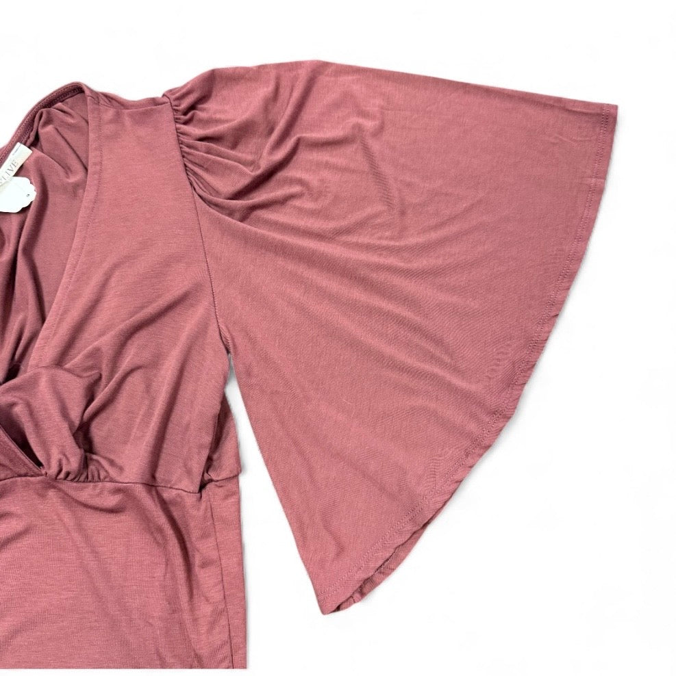 STYLIVE DUSTY ROSE MAUVE PINK FLUTTER SLEEVE V NECK BLOUSE NWOT MEDIUM