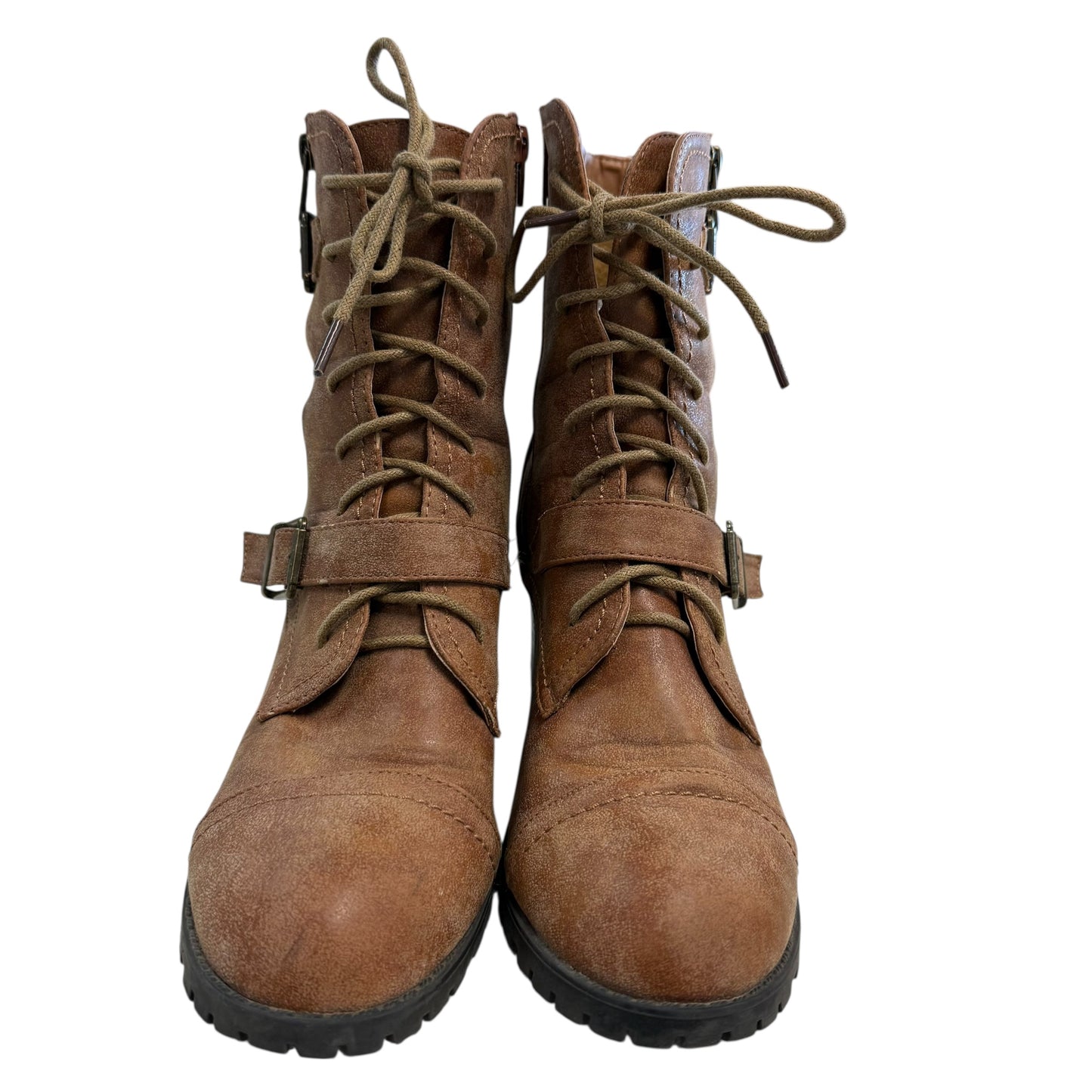 BAMBOO BAXTER CHUNKY HEEL BOOTIES TAN 100 SZ 10