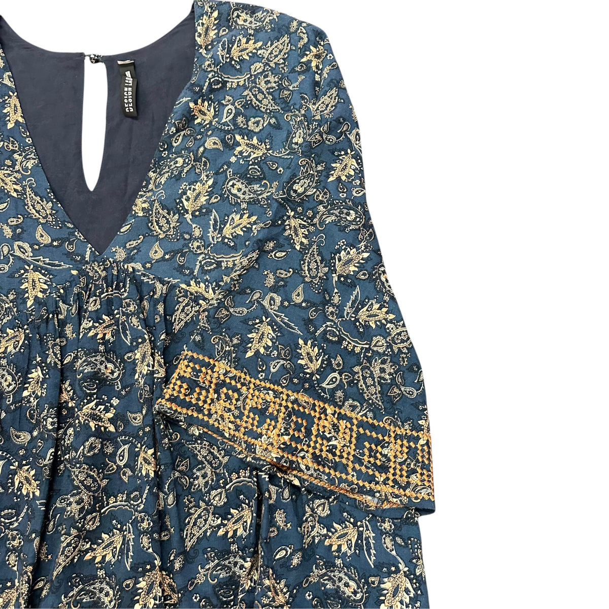 DESIGN LAB BLUE GOLD FLORAL DRESS BOHO EMBROIDERY BABY DOLL 278  LARGE