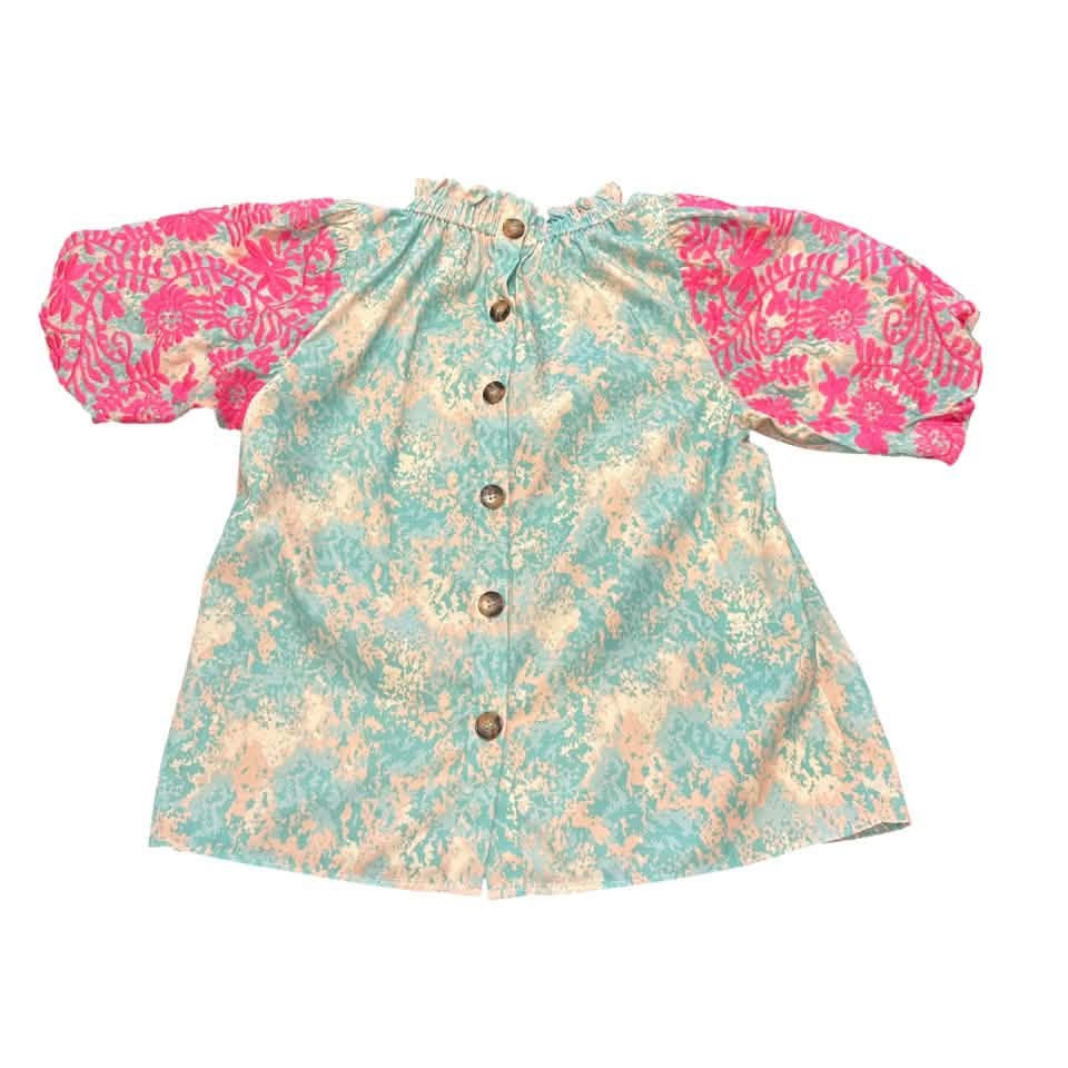 THML BLUE BEIGE PUFF SLEEVE BLOUSE PINK EMBROIDERY 255 SMALL