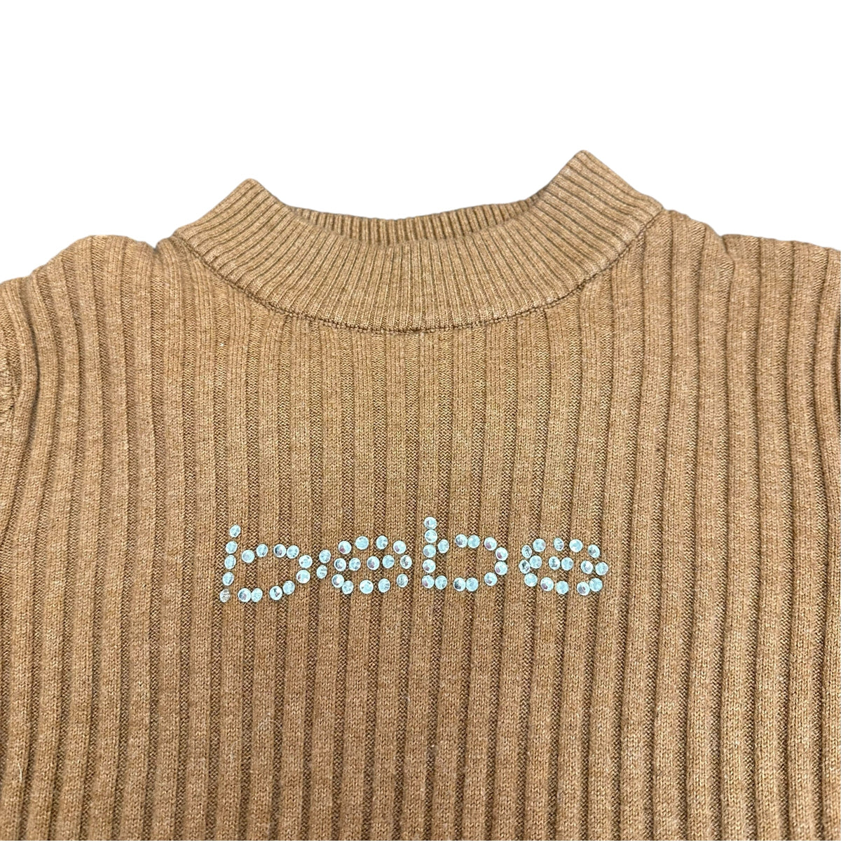 BEBE BROWN RIBBED SWEATER RHINESTONE LOGO Y2K 289 LARGE **