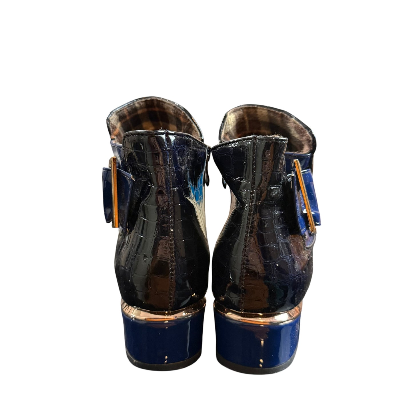 NAVY PATENT LEATHER EMBOSSED ANKLE BOOTIES 218 SZ 40/9
