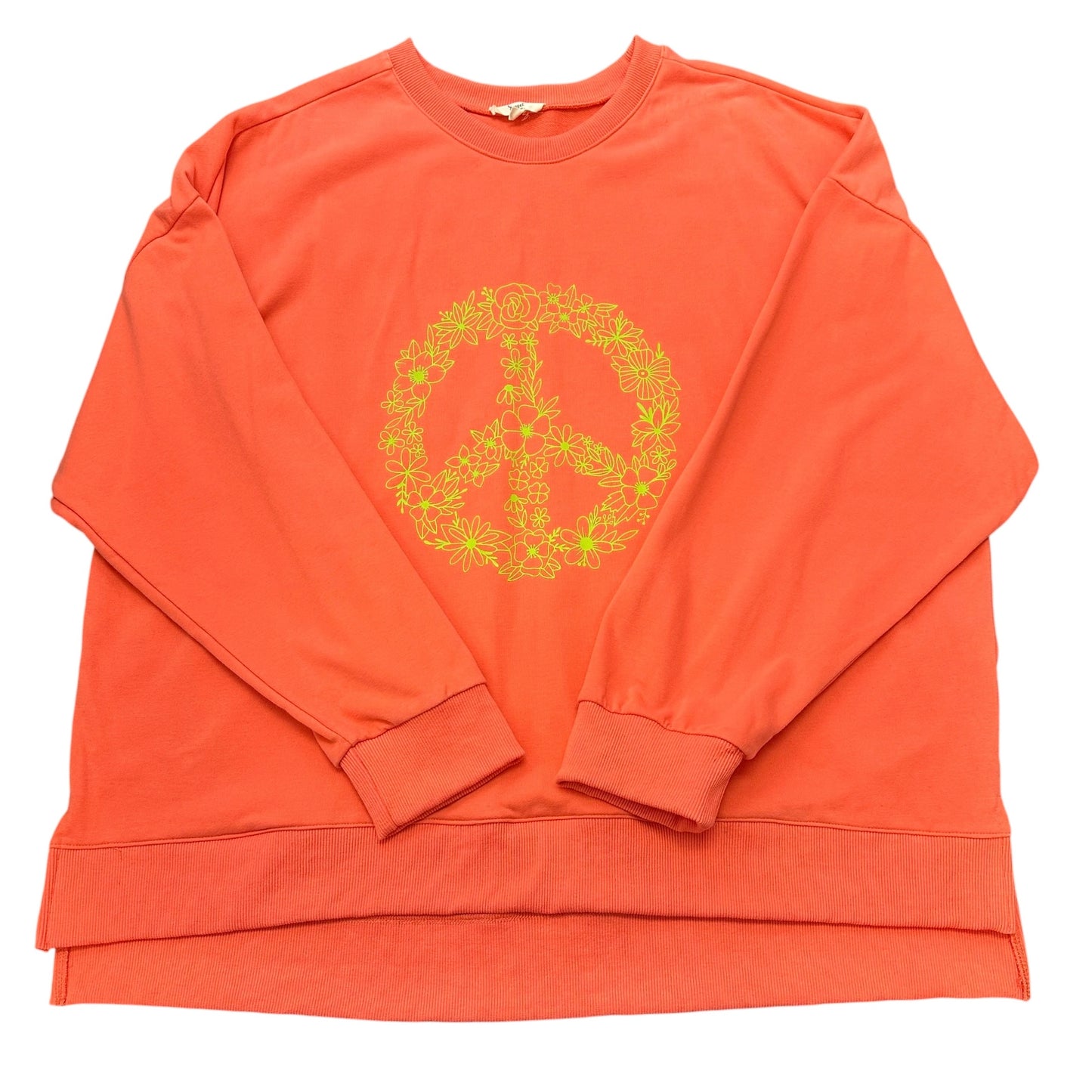 EASEL PEACH SWEATSHIRT GREEN FLORAL PEACE SIGN 100 1X