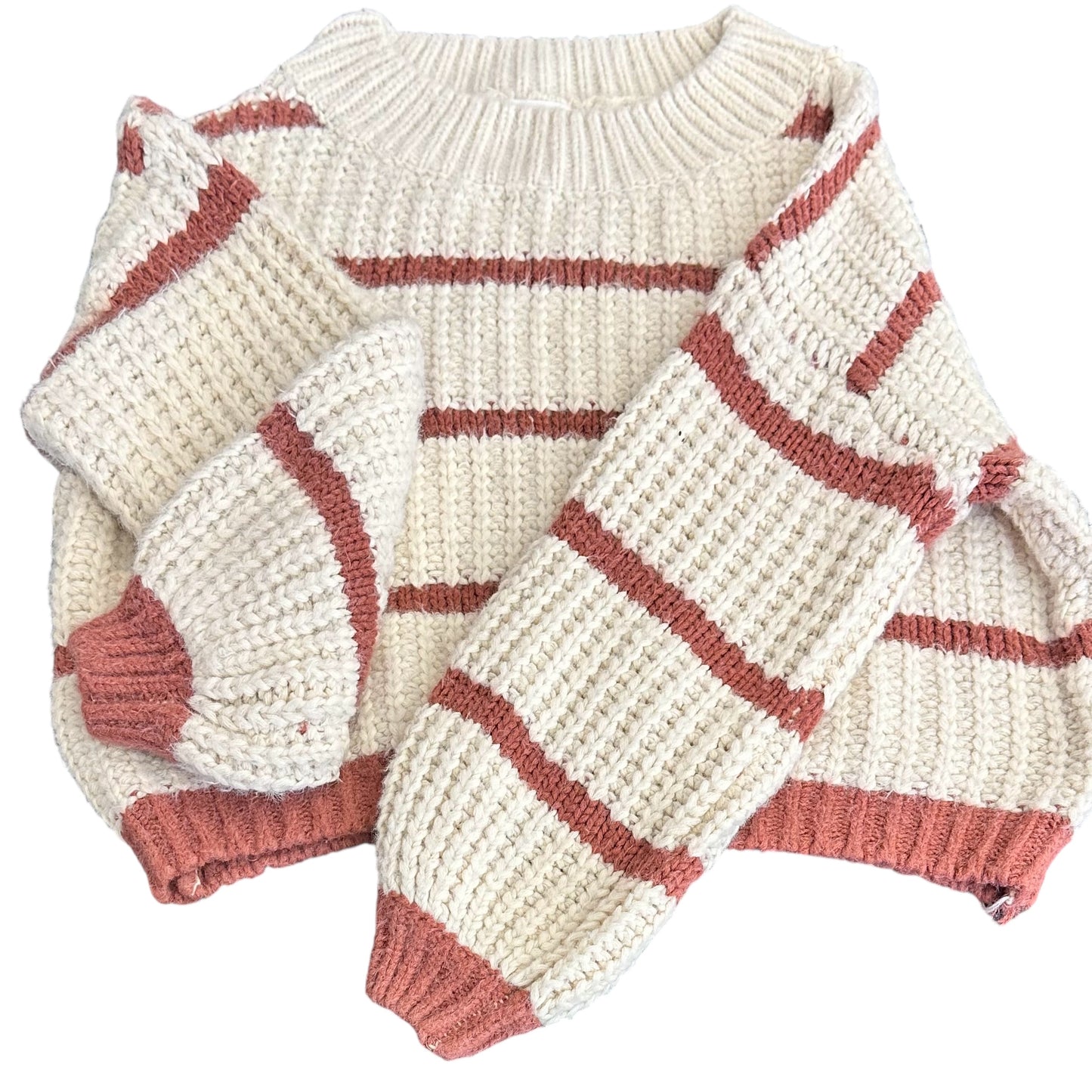 CARLY JEAN BEIGE MAUVE STRIPED CHUNKY KNIT SWEATER 100 M/L