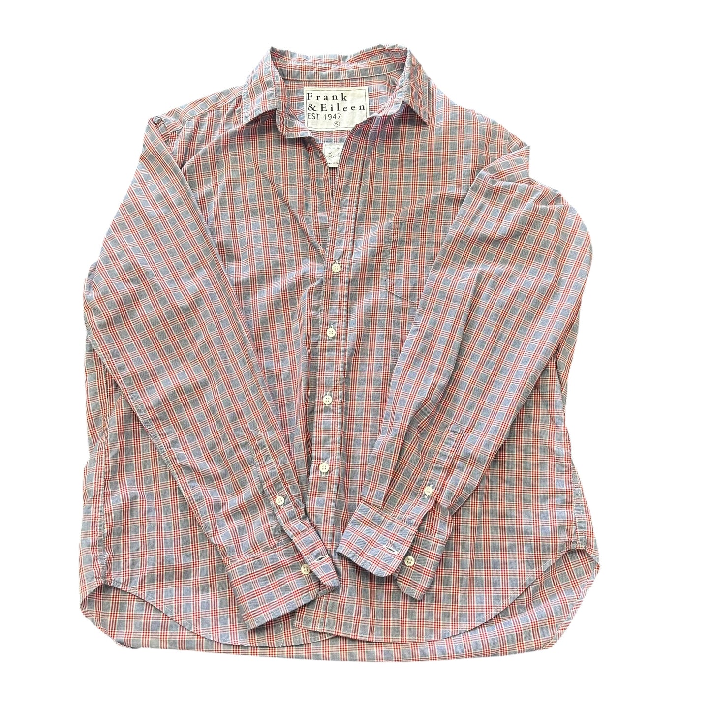 FRANK & EILEEN RED BLUE PLAID BUTTON UP BLOUSE 100 SMALL