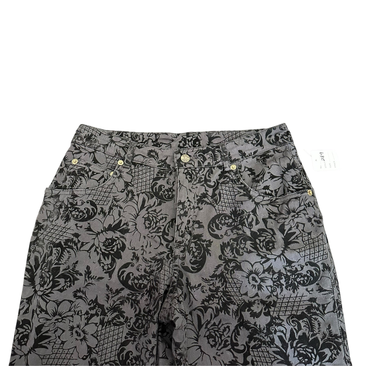 DENIM & CO Y2K BLACK FLORAL JACQUARD PANTS LEAF DESIGN 289 SZ 6