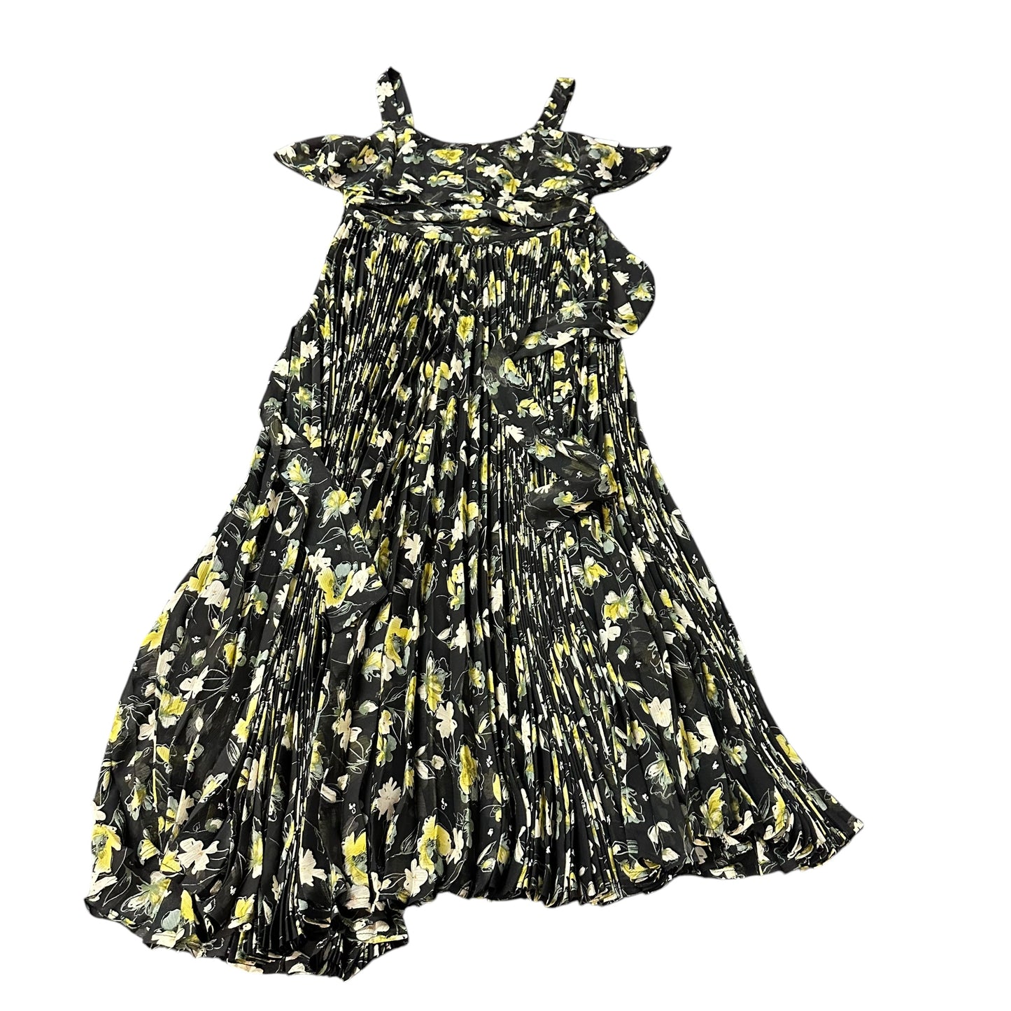 EASEL BLACK YELLOW FLORAL MIDI DRESS PLEATED 170 SMALL